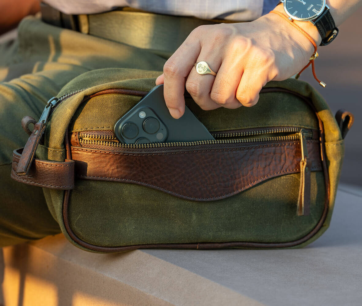 Campaign Waxed Canvas Shave Kit-Bags > Toiletry Bag > Waxed Canvas-Smoke-Forest-Mission Mercantile Leather Goods