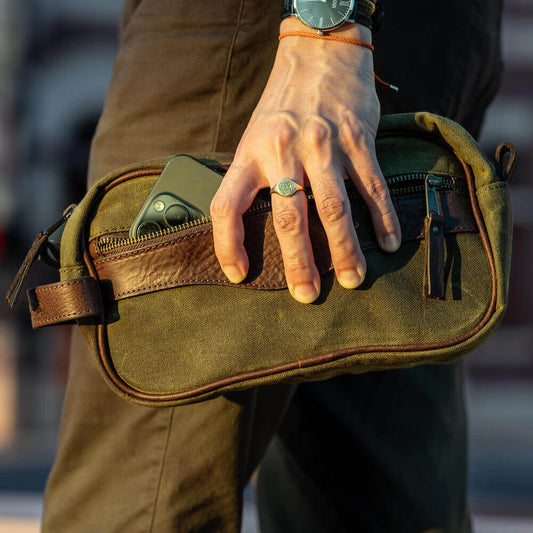 Campaign Waxed Canvas Shave Kit-Bags > Toiletry Bag > Waxed Canvas-Smoke-Forest-Mission Mercantile Leather Goods